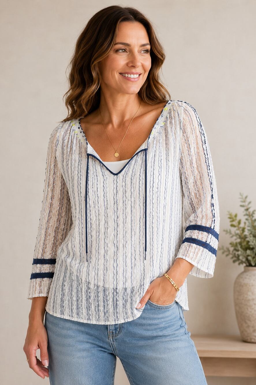NIC+ZOE Linen Blend Embroidered Tunic Top Women's XXL Boho 3/4 Sleeve
